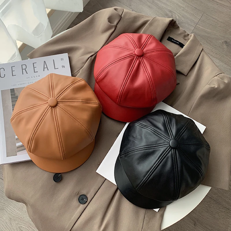 Fashion Leather  Cap Quality Artist PU Leather Female Korean Octagonal Cap Spring Winter Casual Beret Women Flat Hat