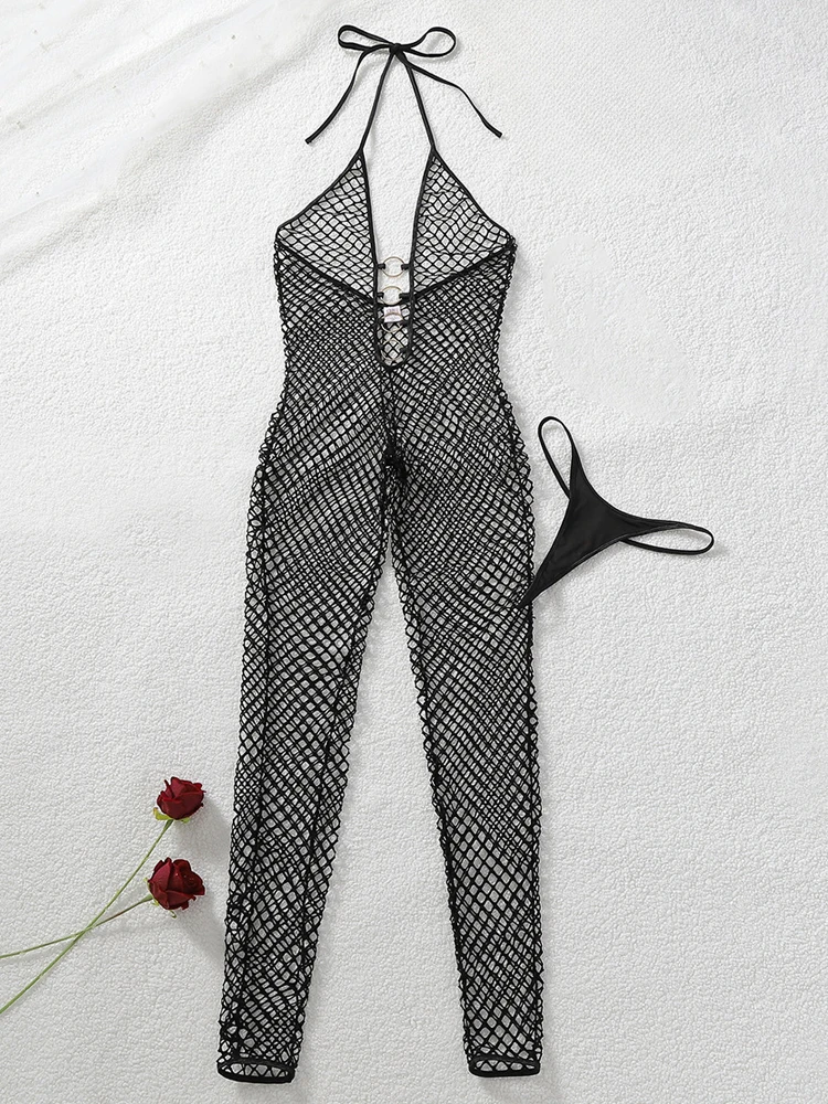 Women Fashion Hollow See Through Fishnet Bodysuit Halter Tie String Jumpsuit With Thong Sexy Night Club Party Lingerie Outfit