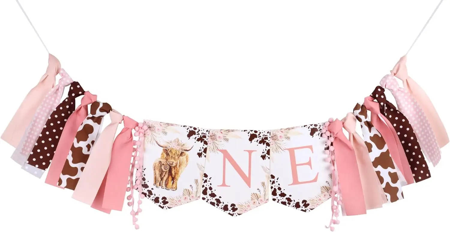 Highland Cow High Chair Banner Boho Pink Holy Cow Im One Farm Animal 1st Birthday Party Decorations