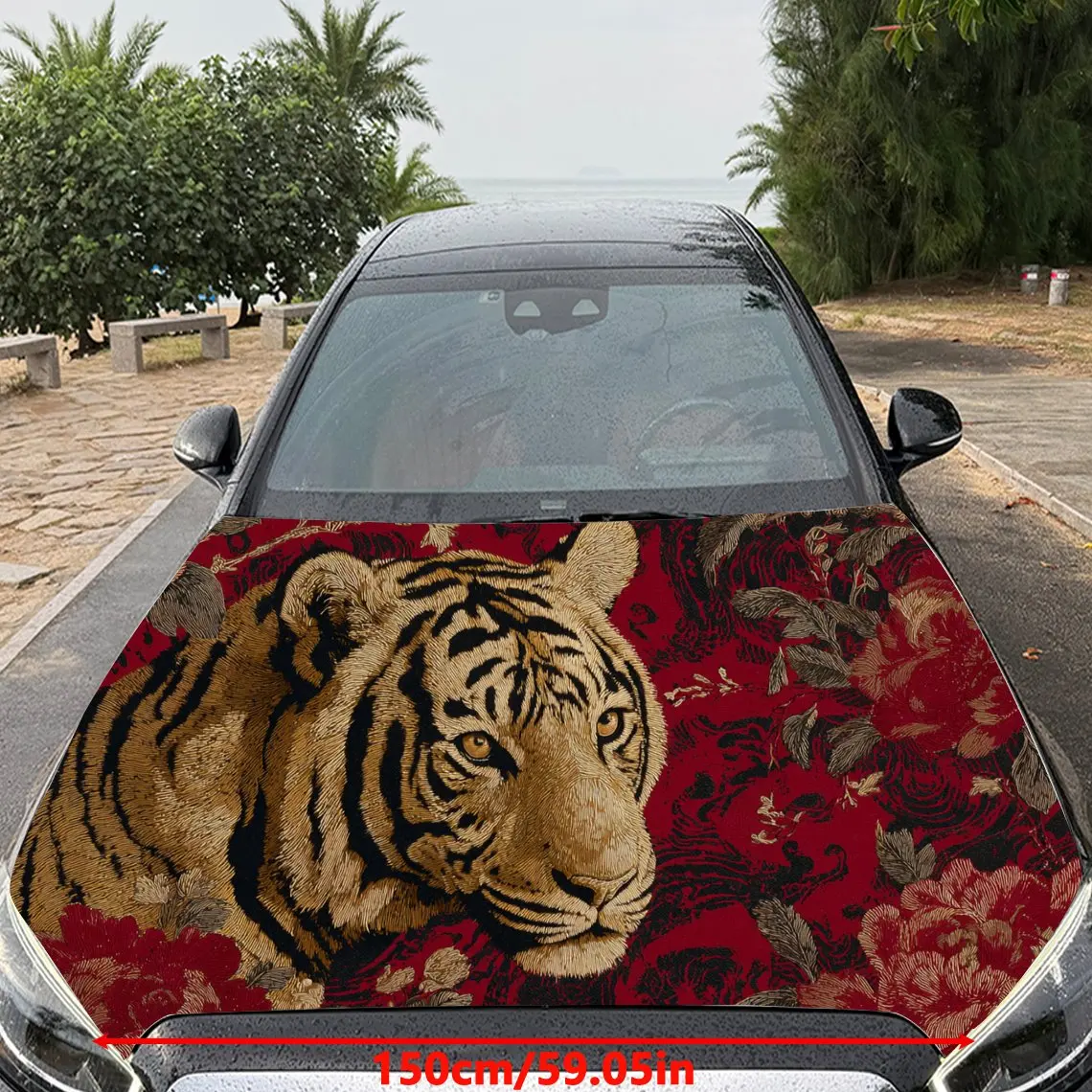 Автомобильные наклейки Тигр с красным цветочным текстурированным фоном и художественным, наклейка на капот автомобиля Majestic Visual Details, водонепроницаемая самоклеящаяся