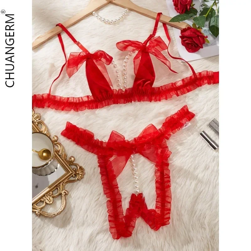 

CHUANGERM Sexy Lace Mesh Erotic Lingerie Women's Splicing Pearl Chain Underwear Onlyfans Kit Sensual Intimate Underwear Set Kit