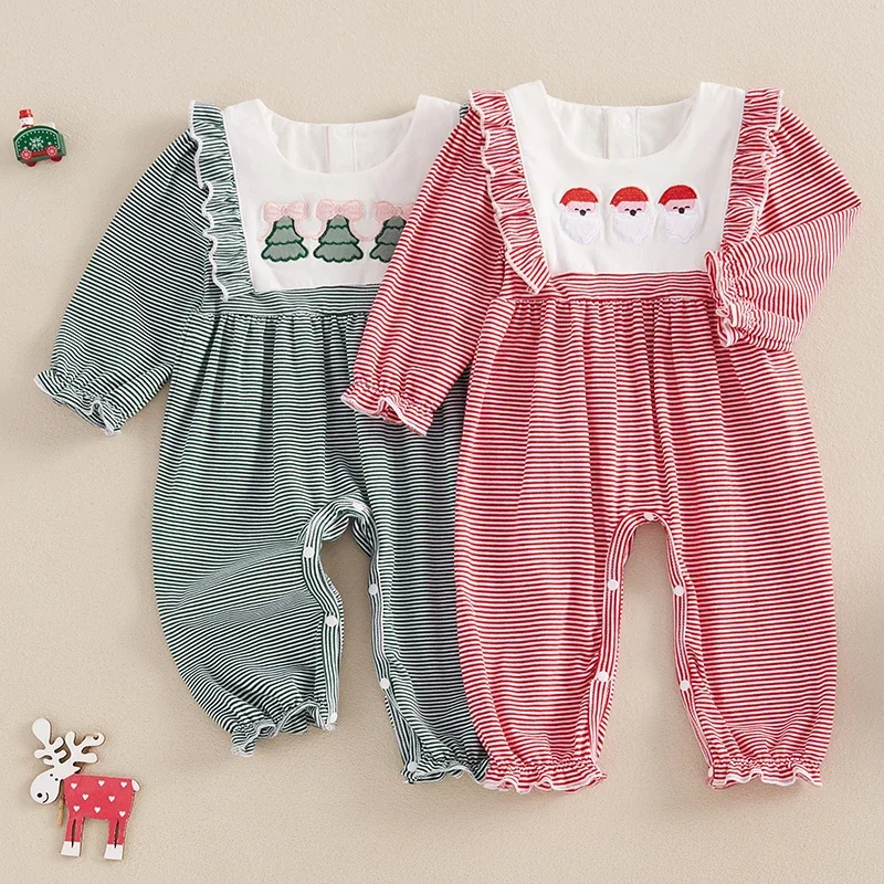 SUNSIOM Neonate Tute natalizie a maniche lunghe Babbo Natale/Albero di Natale ricamato Pagliaccetti Abiti autunnali