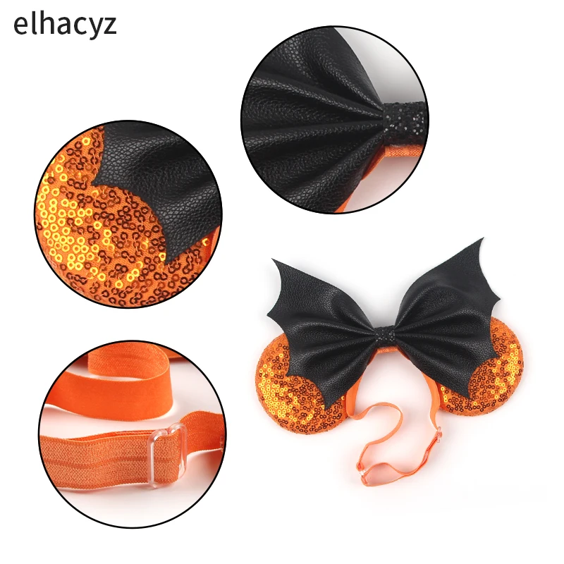 2024 Newest Halloween Disney Mickey Mouse Ears Adjustable Elastic Headbands For Girls Sequins Hair Bow Festival Party Cosplay