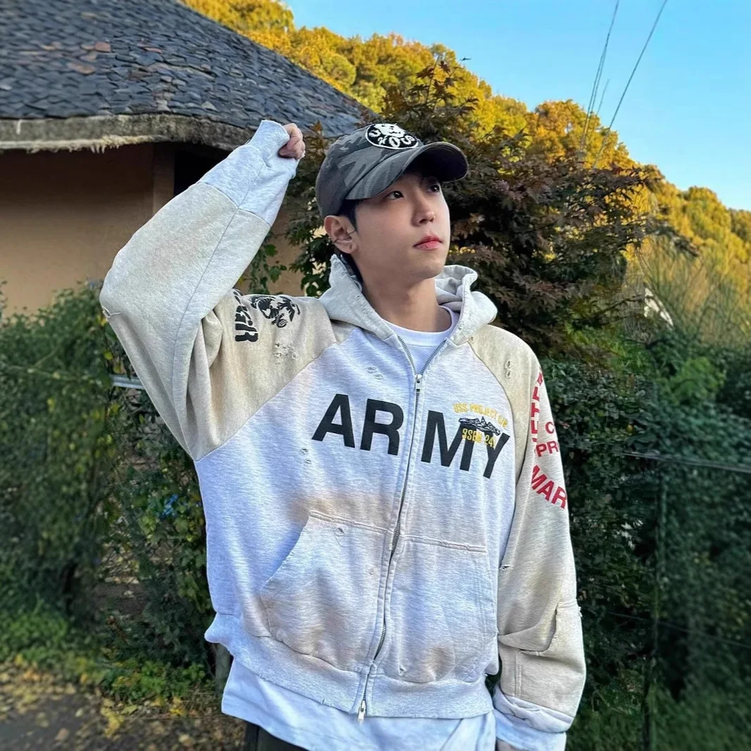 

GRAILZ American-Style Heavyweight Fake Two-Piece Patchwork Heavy-Duty Washed Vintage Zipper Hoodie Jacket for Men and Women