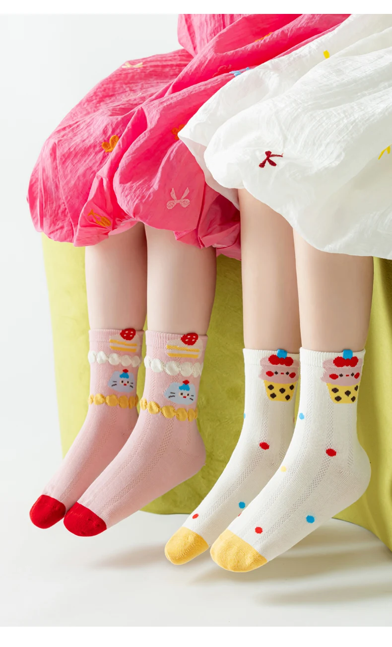 5 Paar Kinder Sommer Dünne Socken Nahtlos Blasenfrei Niedlicher Cartoon-Katzen-Kuchen-Druck Atmungsaktive Mesh-Baumwollsocken Wadenlange Socken für Mädchen 1 – Detail 10