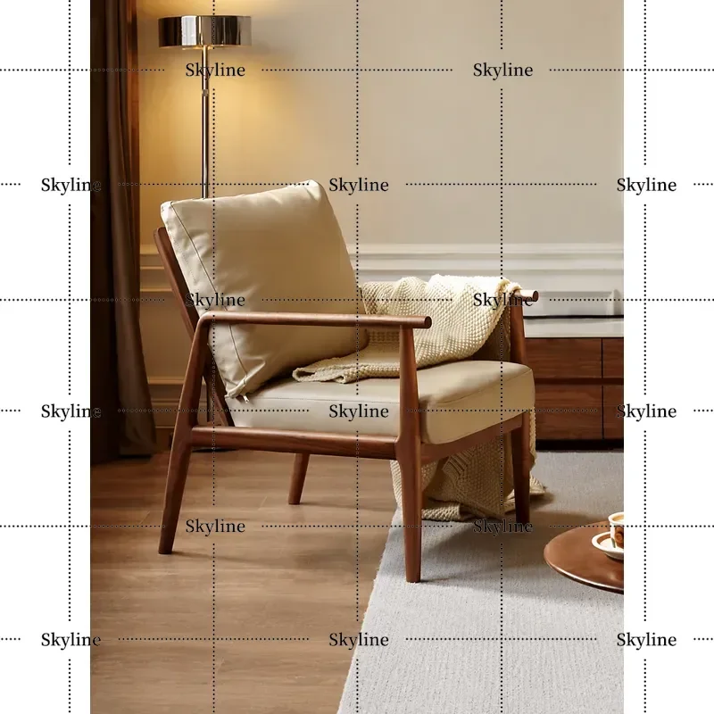 Solid Wood Single Sofa Chair Simple Retro Modern Living Room Leather Backrest Armrest Chair Balcony Leisure Chair