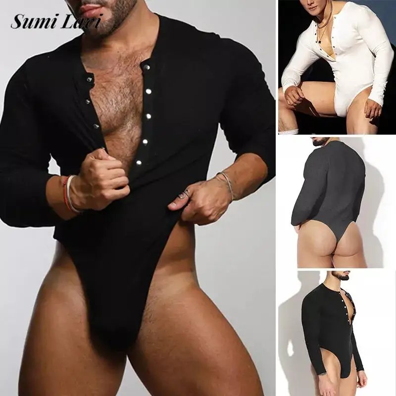 Nightwear Mens Pajamas Bodysuits 2025 Spring Sexy Slim Fit Playsuits Men T-shirts Casual Buttoned V Neck Jumpsuits Male T Shirt
