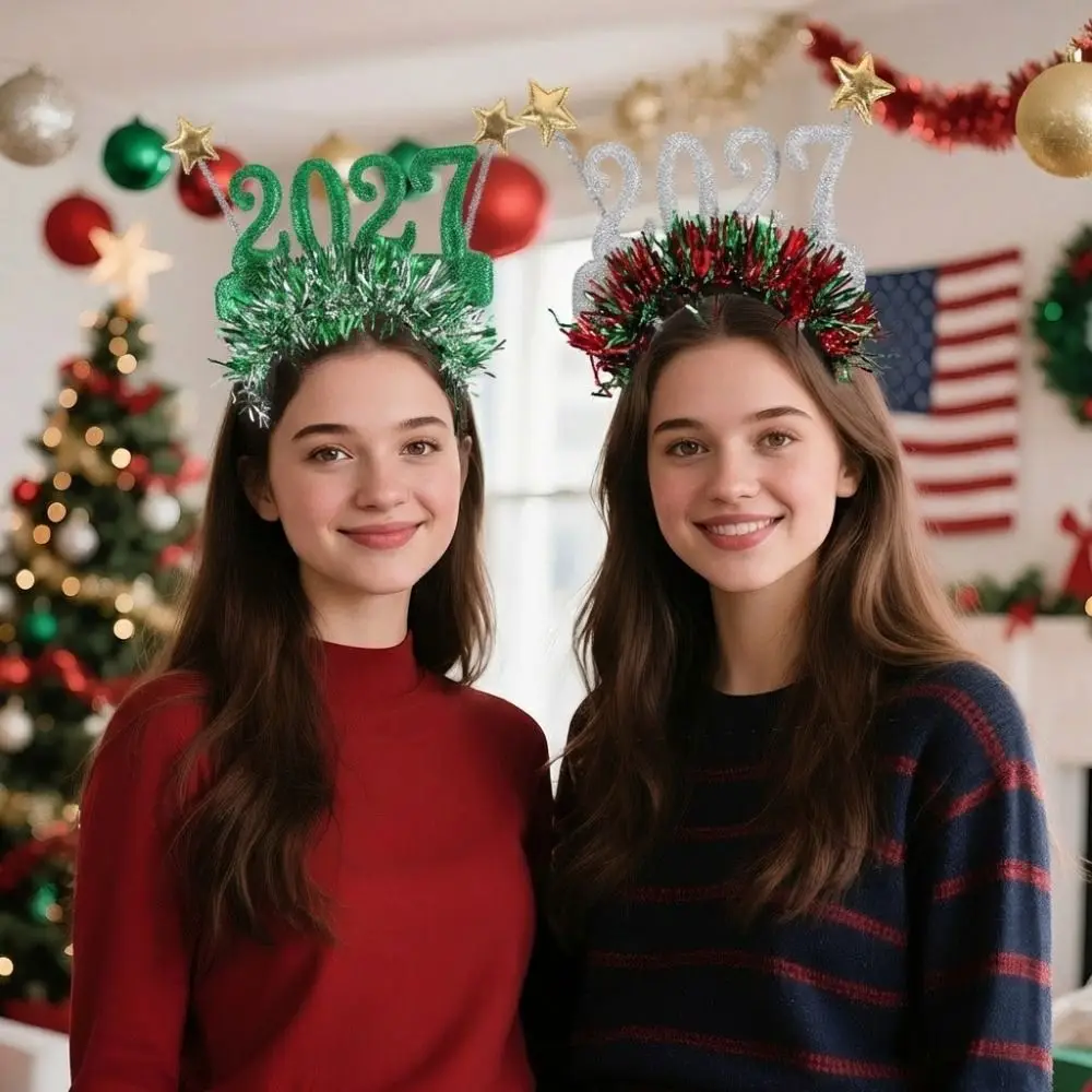 Sequin 2027 Happy New Year Headband Cute Sweet New Year Decorative Glasses Creative Photo Prop Star Strip Headwear