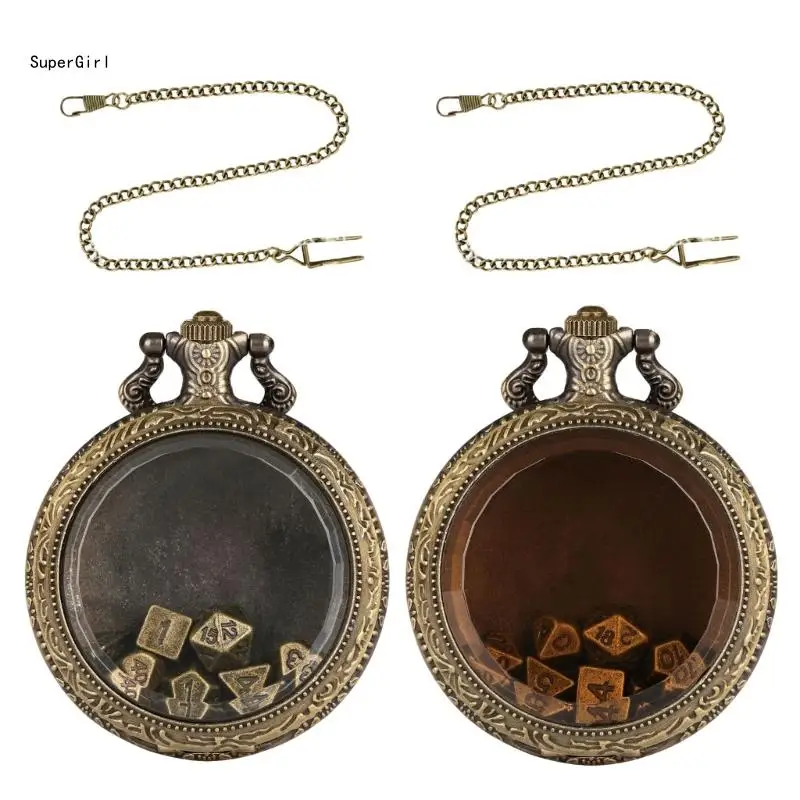 Portable and Stylish Pocket Watch Set Polyhedral Dices Set with Pocket Watch Case Pocket Watch Case for Gamers J78E