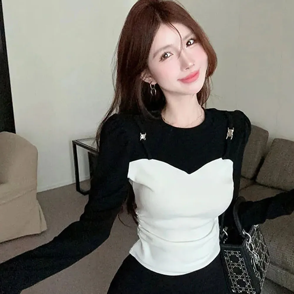 Patchwork Fake 2pcs Long Sleeve T-Shirts Women Design Unique Slim Fit Streetwear Tops Korean Fashion Casual Autumn Chic Tee Lady