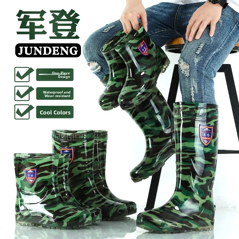 

Camouflage Rain Boots Men's Waterproof Wear-resistant High Tubular oes Summer Slip-ons Anti-slip Work Boots Military-ade