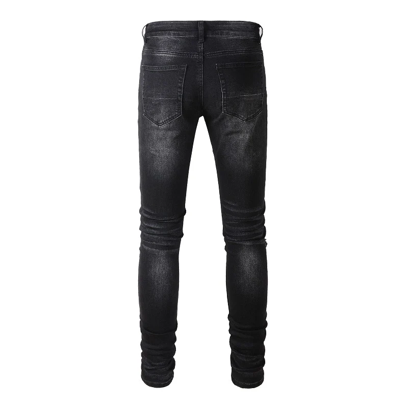 Men\'s Cracked Red Pleated Patch Biker Jeans Streetwear Patchwork Stretch Denim Pants Skinny Tapered Black Trousers