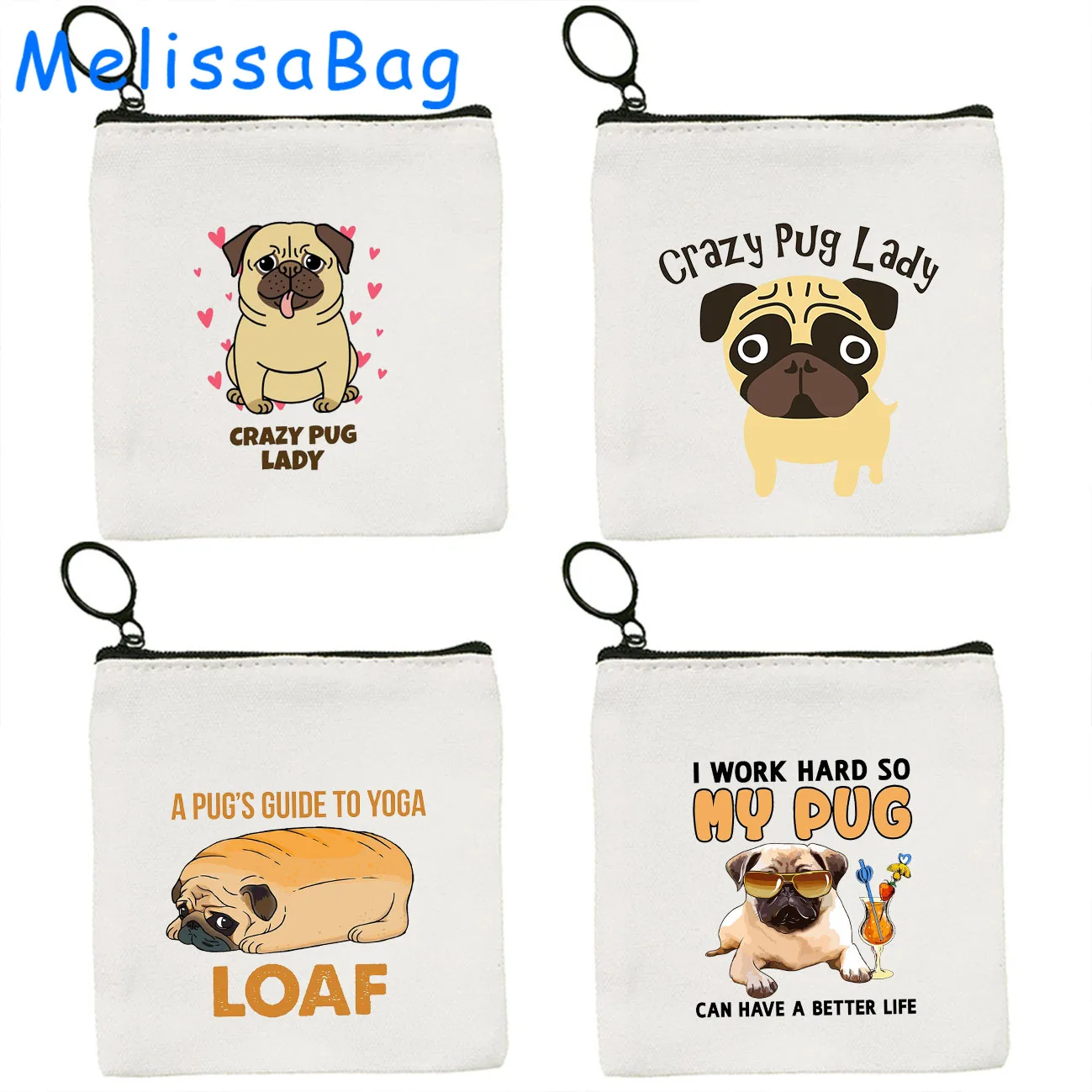 Funny Poppy Cute Pug Lover Gift DOG Cartoon Pug Dad Mom Adorable Canvas Coin Purse Key Case Card Storage Bag Wallet Zipper Pouch