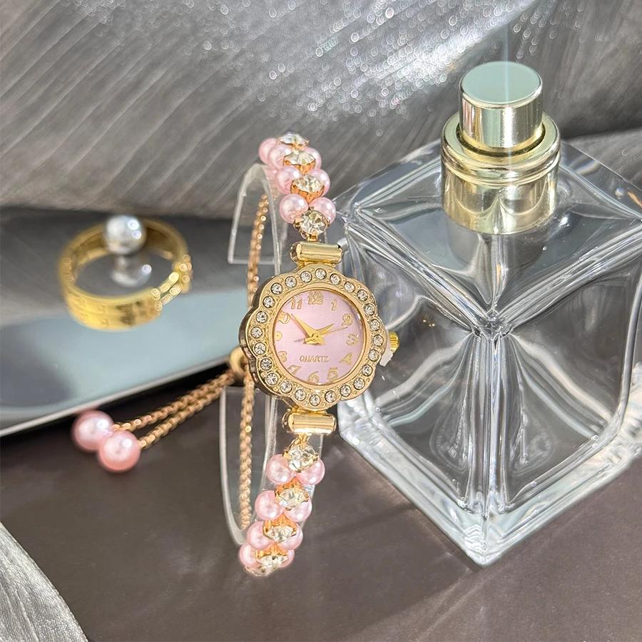 Double-Row Pearl Pull-Open Bracelet Diamond-Encrusted Case Arabic Numeral Scale Ladies Quartz Watch