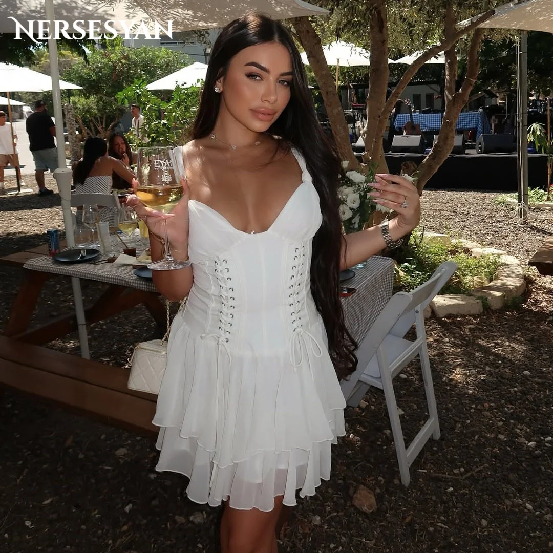 

Nersesyan Elegant Prom Dresses Spaghetti Straps Ruffles Tiered Guest Mini Dress 2025 Lace Up Party Gowns מסיבת שמלות Customized