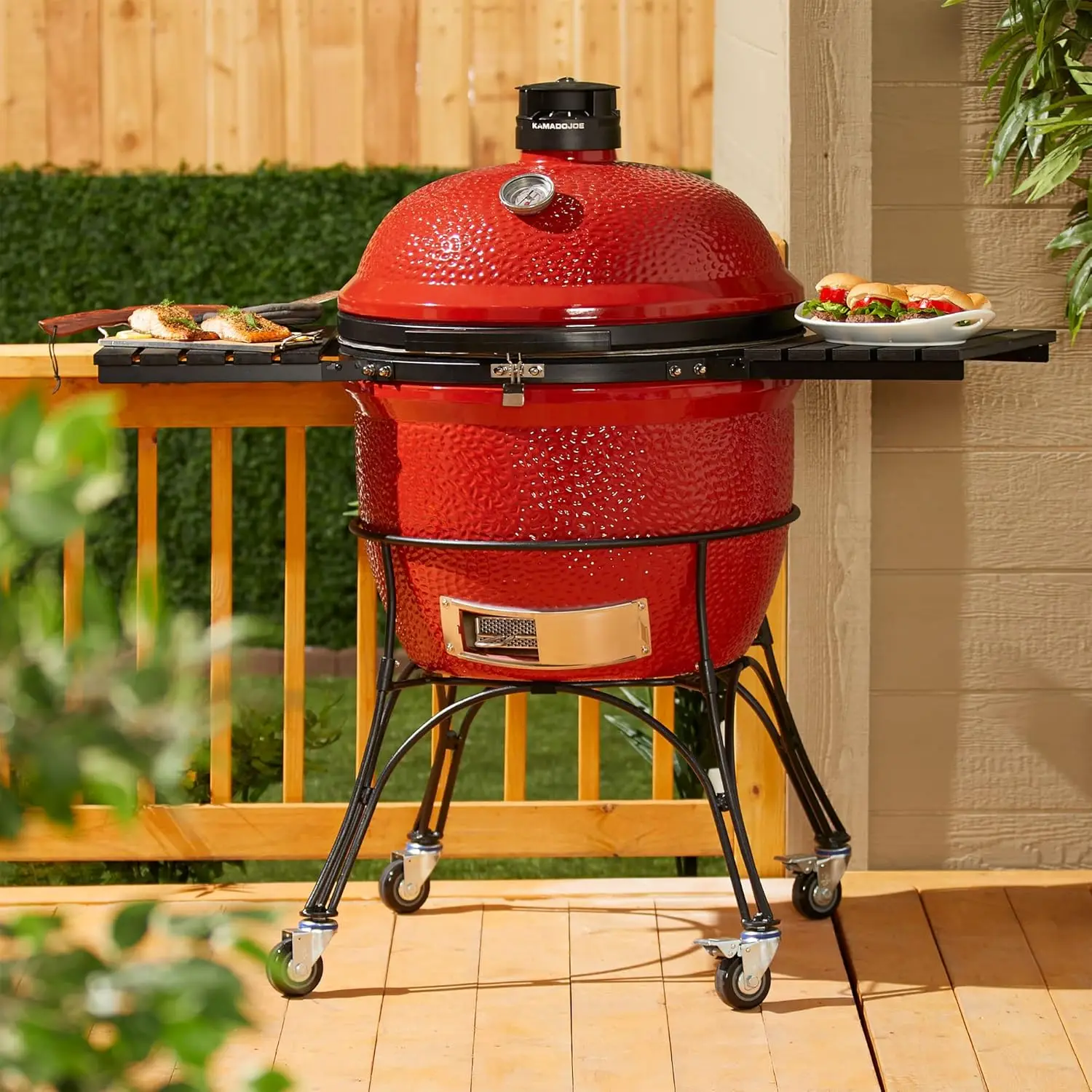 24-inch Ceramic Charcoal Grill Smoker with Cart, Side Shelves Stainless Steel Grates 450 Cooking Square Inches in Red