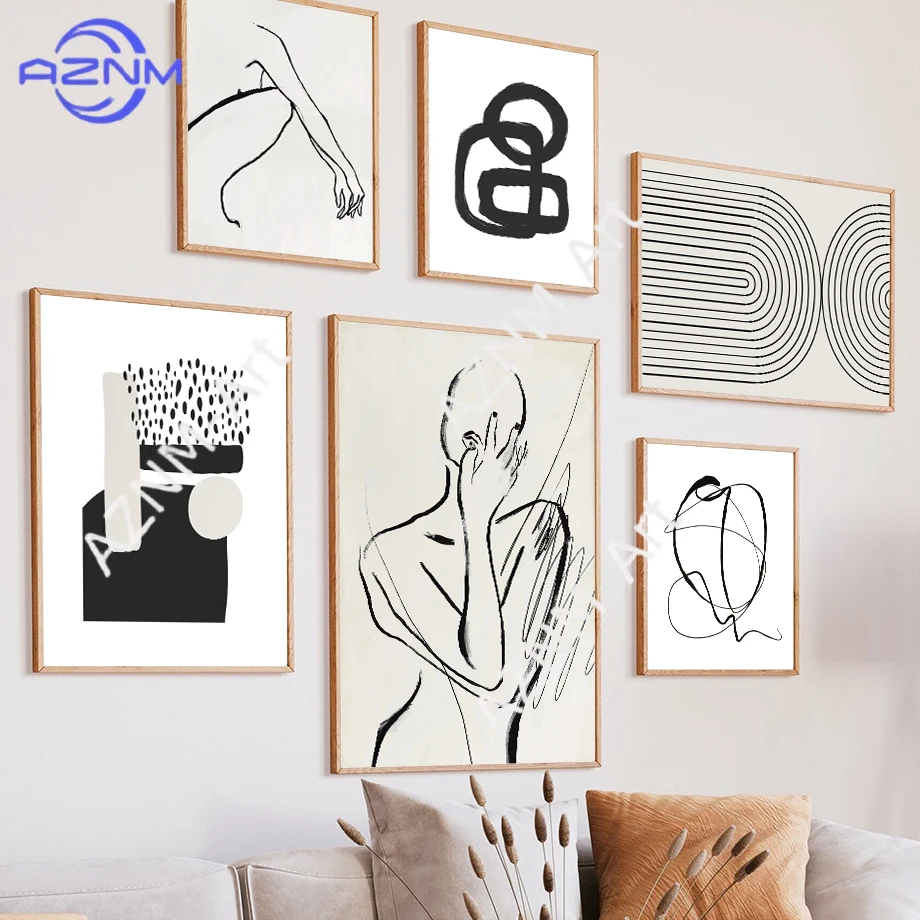 Schwarze Linienzeichnung Mädchenkörper Regenbogen Abstrakte Poster Drucke Wandkunst Leinwandmalerei Hotel Bar Bilder für Wohnzimmerdekoration