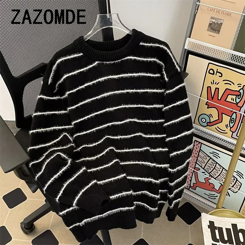 ZAZOMDE Harajuku Autumn Winter Striped Pullover Knitted Sweater Men\'s Loose Casual High Street Tops Sweaters Male Clothes 2024