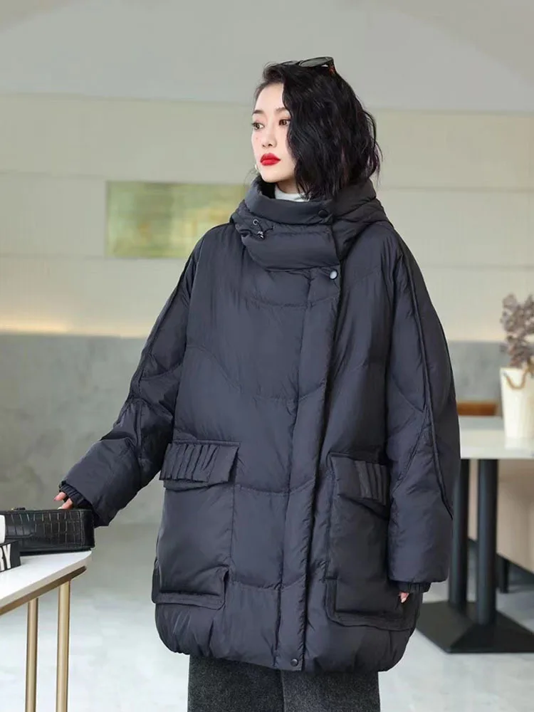 Down Jacket Women\'s New Fashion Winter White Duck Down Coat Drawstring Hooded Loose Puffer Feather Female Parkas Outwear