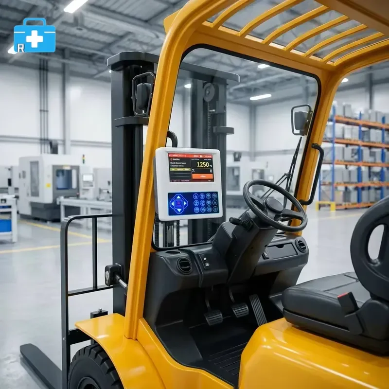 Universal on-board hydraulic weighing scales for forklifts with strain sensors and thermal label printing and height