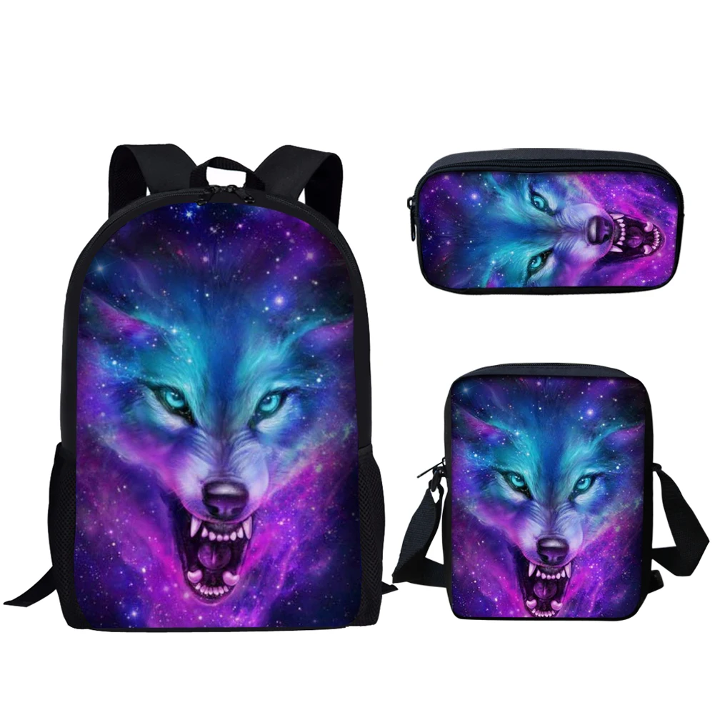 3 buah Set tas sekolah fantasi Galaxy Wolf tas buku motif untuk remaja laki-laki perempuan ransel penyimpanan kasual ransel harian siswa