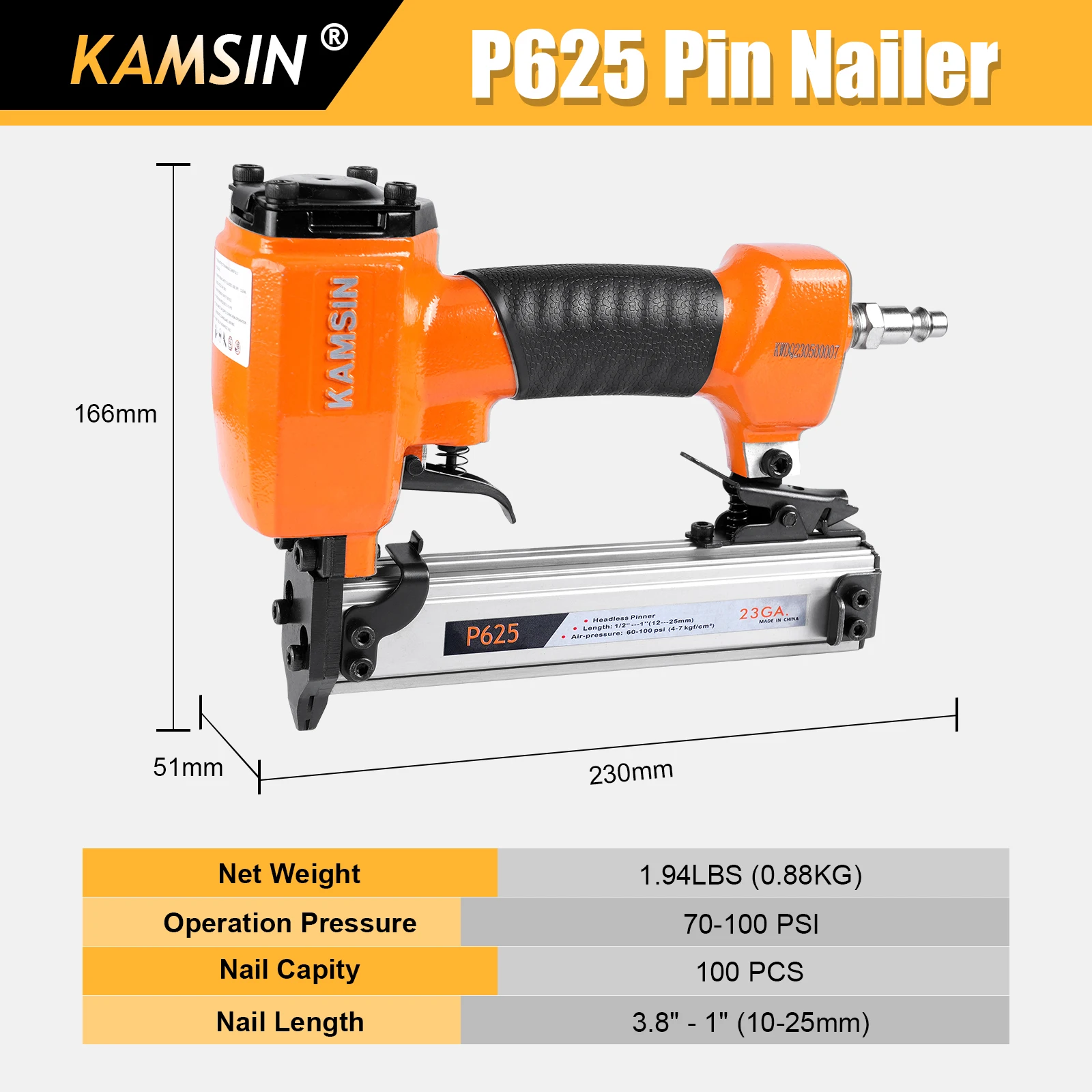 KAMSIN P625 23 Gauge Pneumatic Headless Pinner, Fits 10-25mm Pin Nails, Air Power Finish Nailer, for Interior Decoration