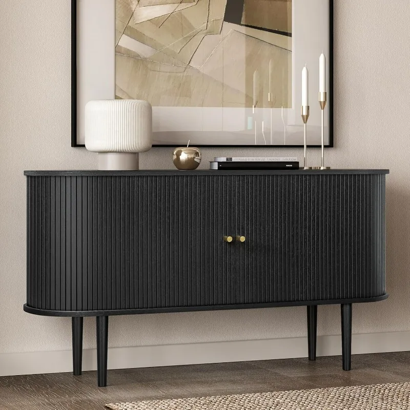 55'' Black Sideboard Storage Cabinet with Doors and Shelves - Black Credenza Storage Cabinet for Office