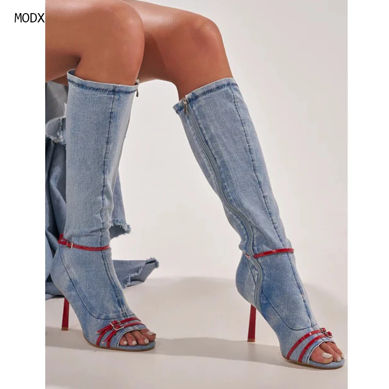 

2026 Women Denim Sandals Boots Belt Open Toe Thin Heel Zipper Fashion Novelty Luxury Sexy Women Shoes Newest Super High Size 44