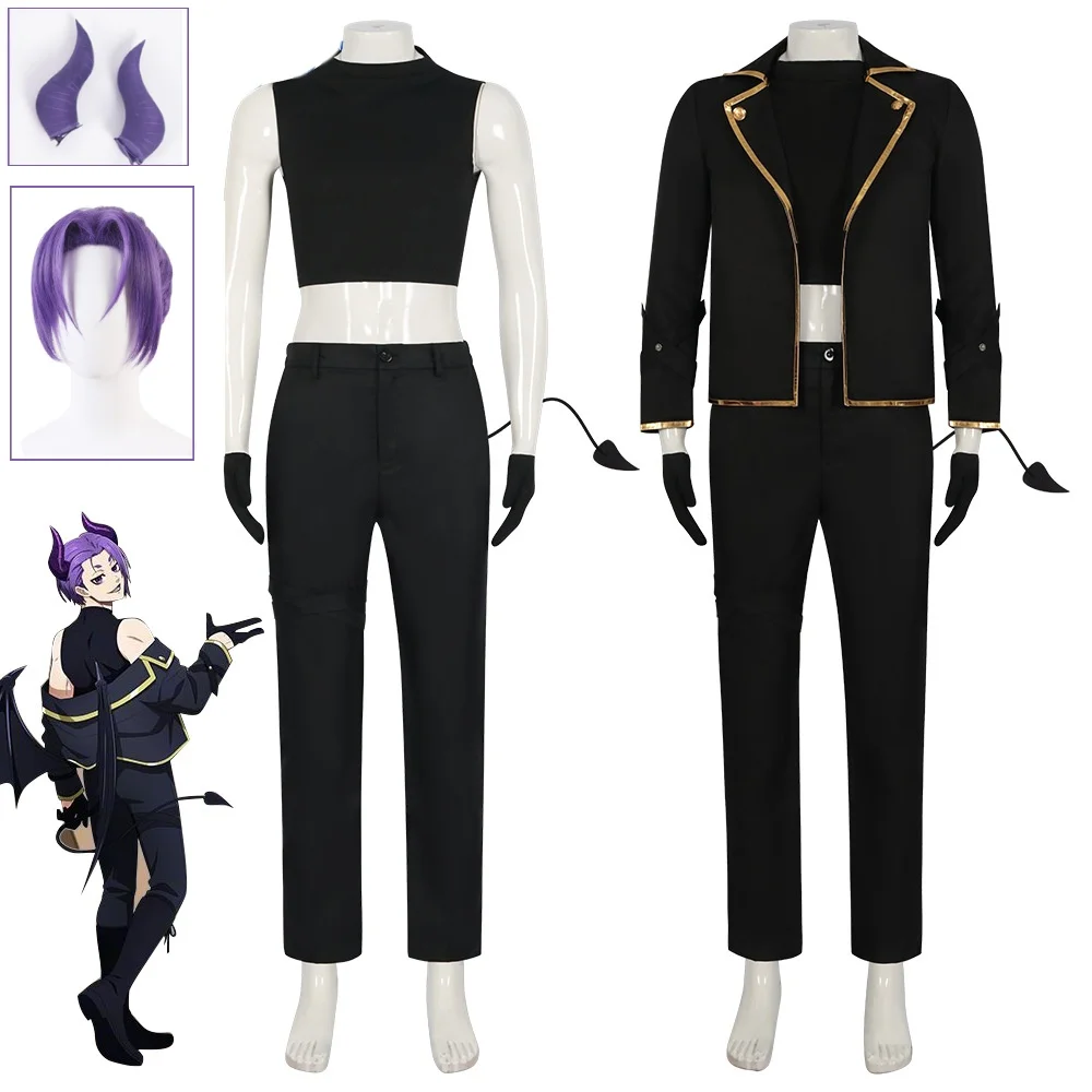 

Anime Blue Lock Mikage Cosplay Costume Black Devil Uniform Wig Gloves Headwear(Purple Horns) Cosplay Clothes Men Convention Suit