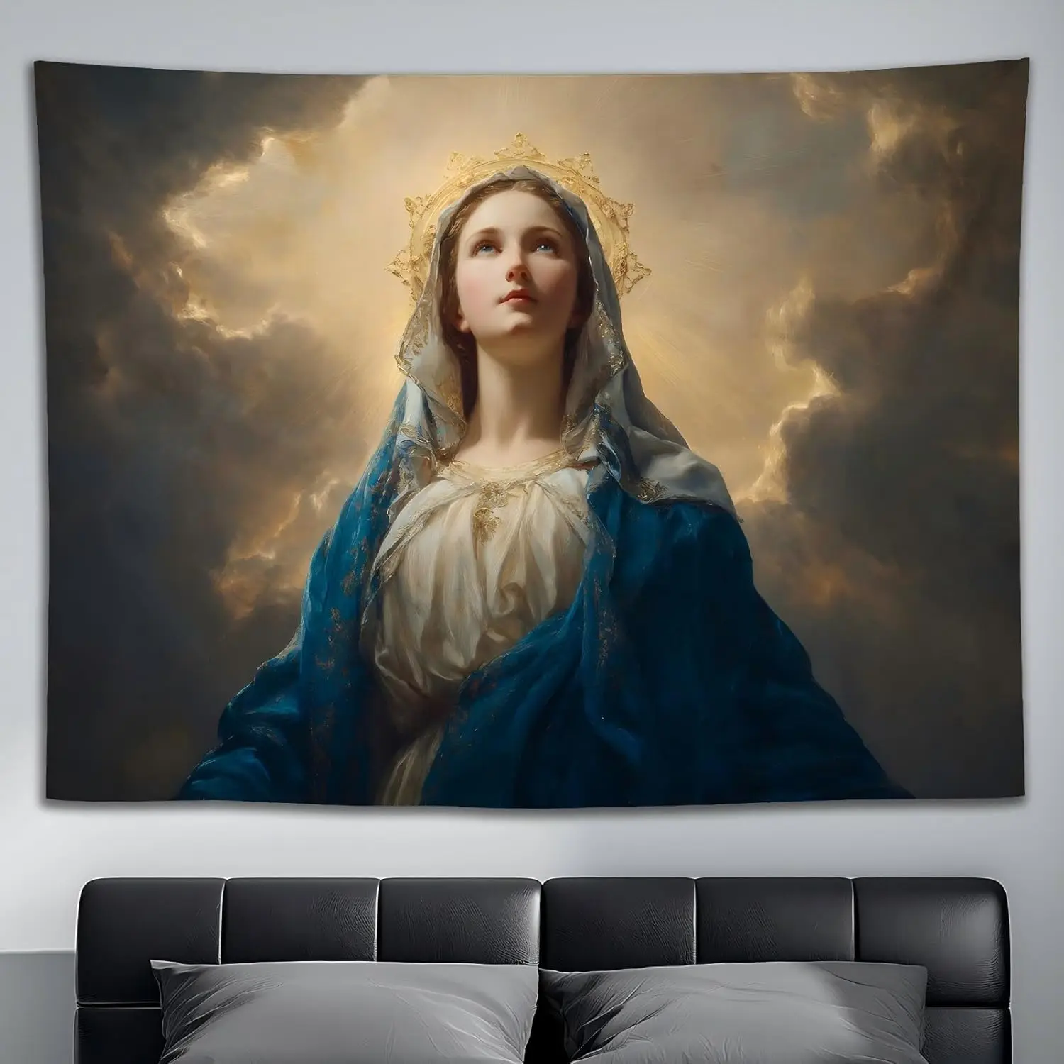 Elegant Virgin Mary Religious Tapestry Wall Hanging Christian Faith Spiritual Decor Polyester Art Print for Living Room Home Dec