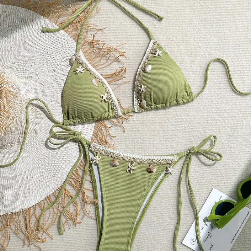 Sexy Women's Bikini Set 2026 New Arrival Shell Print Halter Neck Tie Back Bandage Triangle Cup Swimming Suit Cross Border Swimwe