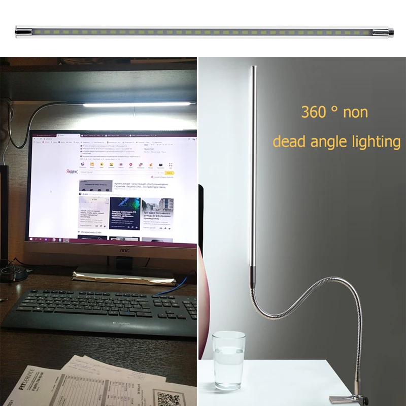 Long Arm Table Lamp 48 LEDs Clip Mounted Office LED Desk Lamp USB Flexible Gooseneck Eye-protection Reading Lamps for Work Study