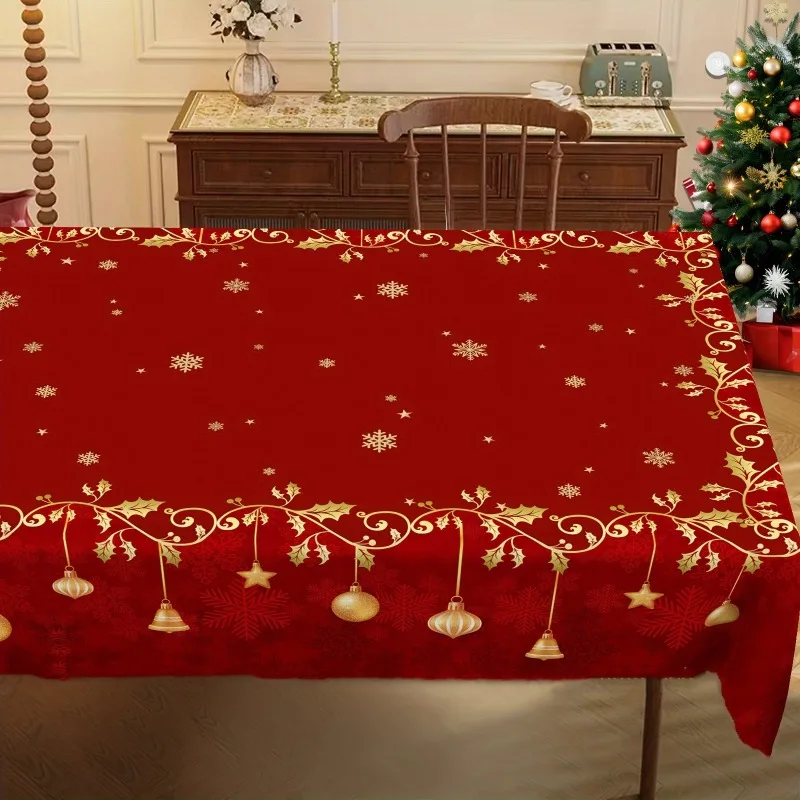 1pc  Christmas Red Gold Snowflake Holly Pendant Rectangular Tablecloth for Home Dining Room Party Decor