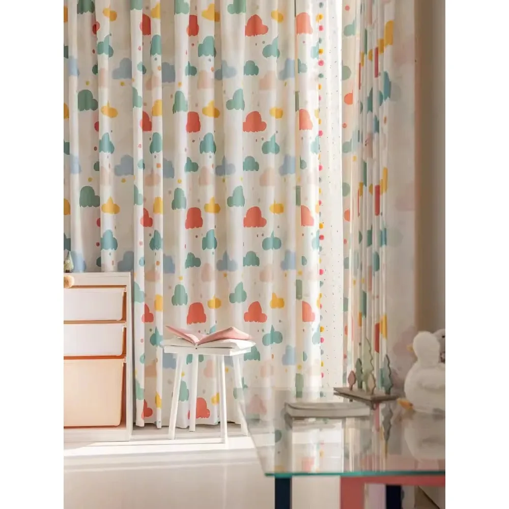 NEW Cute Cartoon Children's Curtains Customized Boy and Girl Room Bedroom Blackout Cotton Linen curtain Printed Colorful Clouds