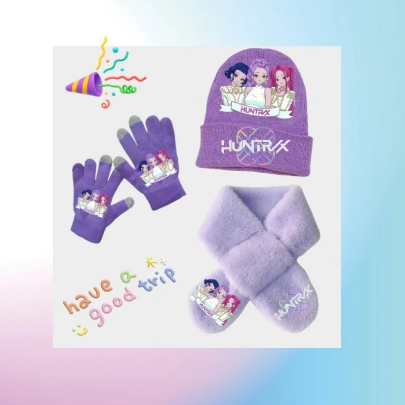 

K-Pop Demon Hunters 3Pcs Warm Soft Kids Girl Knit Hat Scarf Glove Set Winter Fashion Casual Accessories Perfect Birthday Gift