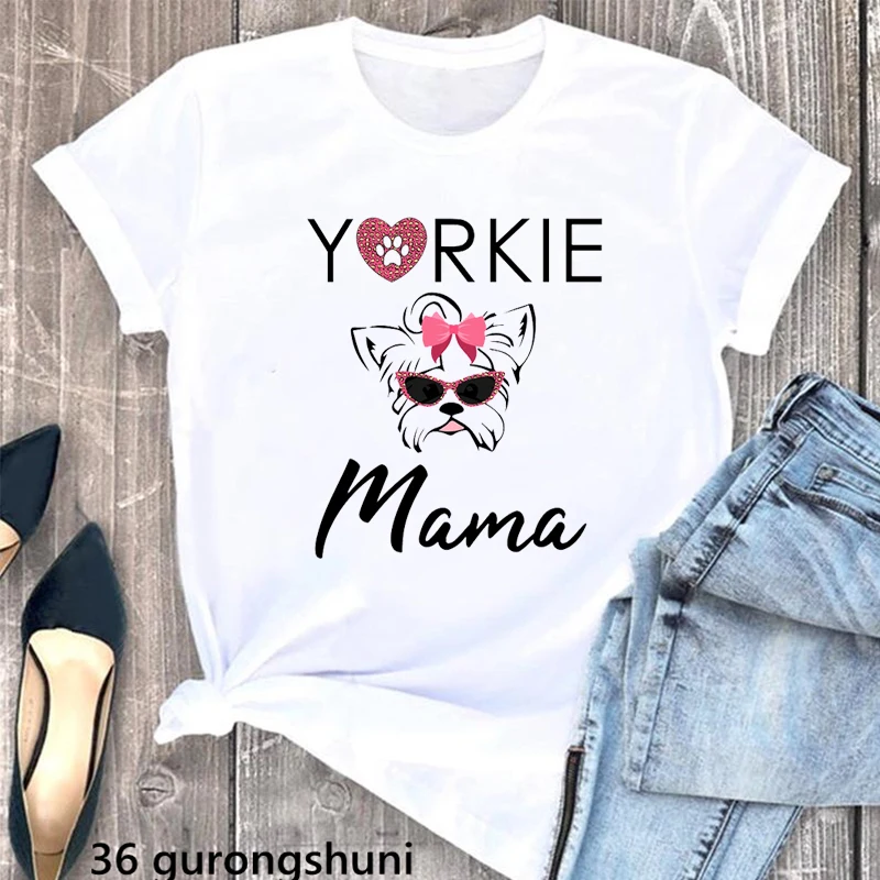 Pink Yorkies Mom Dog Printed Tshirt Women Kawaii Animal Print Tee Shirt Femme White Custom T Shirt T-Shirts Tops Clothes