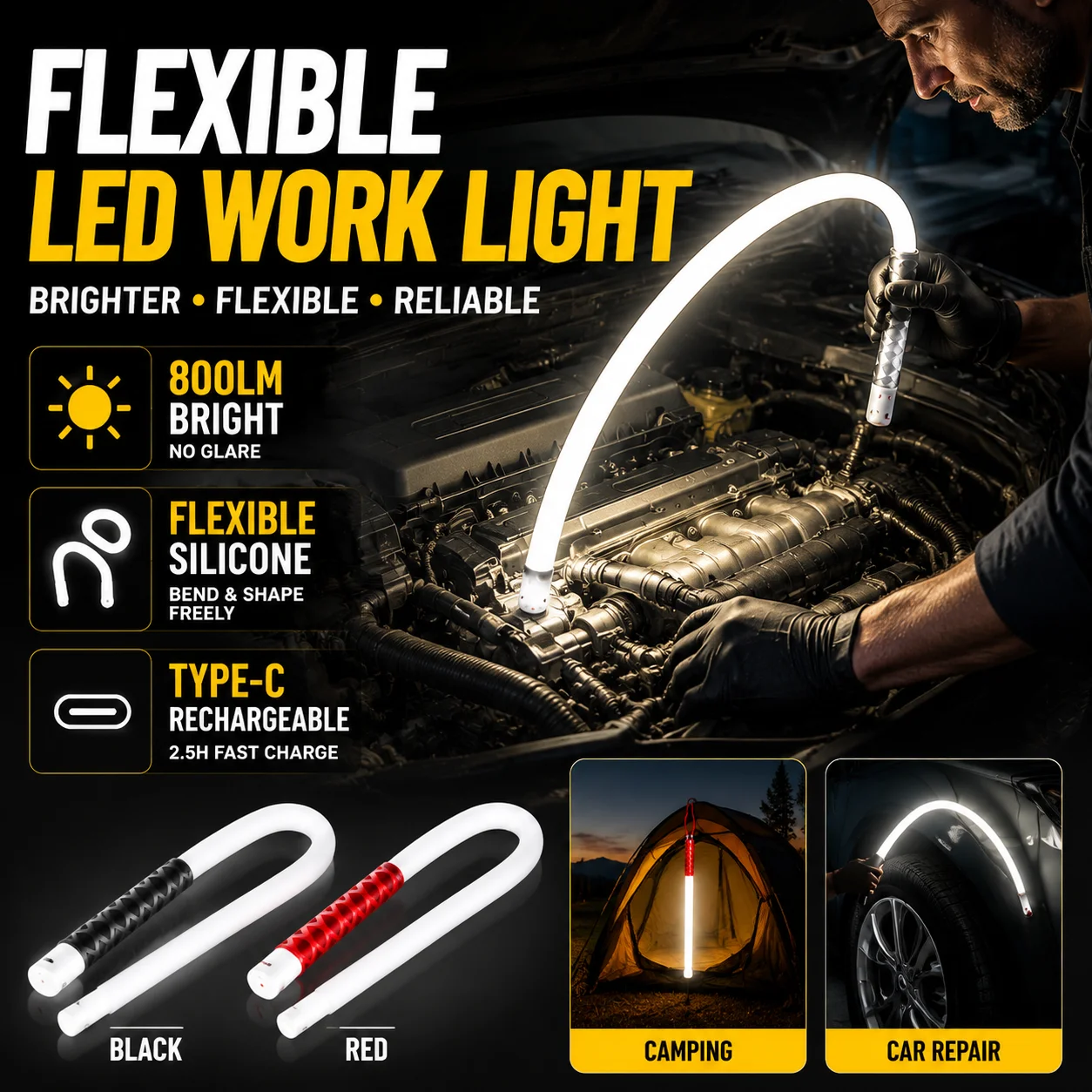 Flexible Silicone LED Work Light 800LM Type-C Fast Rechargeable Bendable Inspection Lamp Car Repair Camping Emergency Lighting