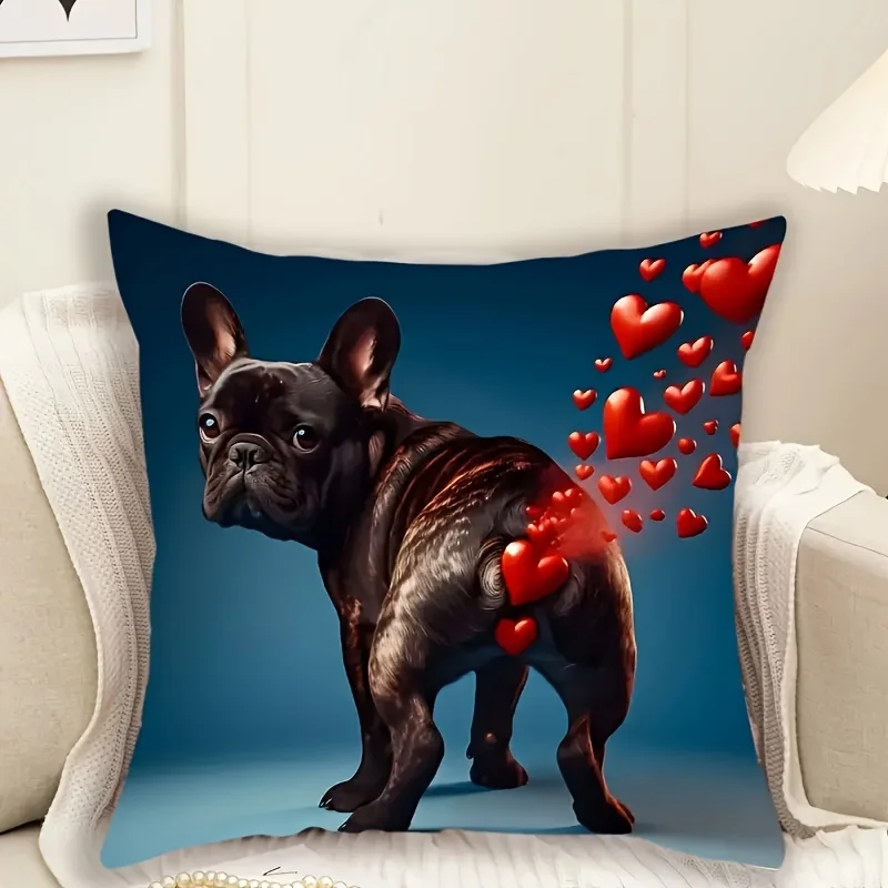 Double Sided Soft Comfortable French Bulldog Heart Print Throw Pillow Cover for Living Room Home Animal Decor