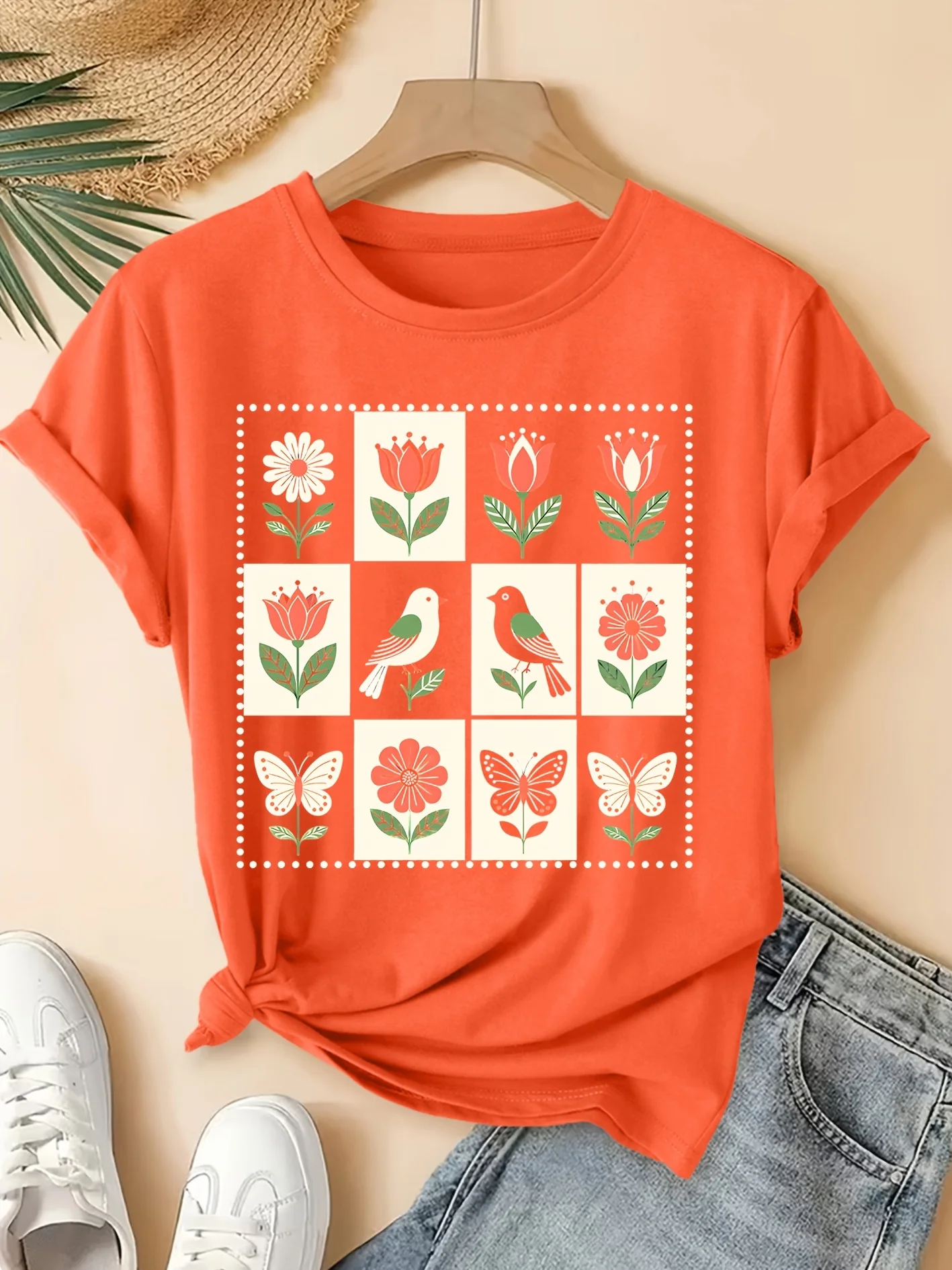 Grid Floral Print Pattern Short Sleeved Retro Round Neck T-shirt Summer Fresh Party Fashion Versatile Commuting Women's Clothing