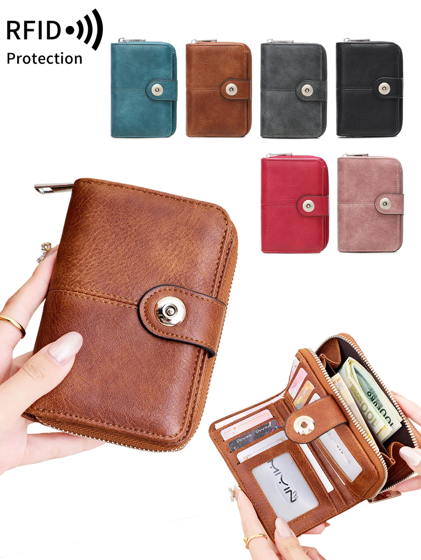 Vintage Women's RFID Blocking Multi-Function Short Wallet Fashion Large Capacity Zipper Coin Wallet Simple ID Credit Card Holder