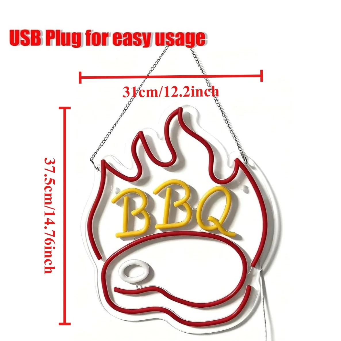 BBQ Flame Neon Sign LED Wall Art Red Yellow Fire Grill Text USB Powered Dimmable Acrylic Glow Lamp Outdoor Party Kitchen Decor