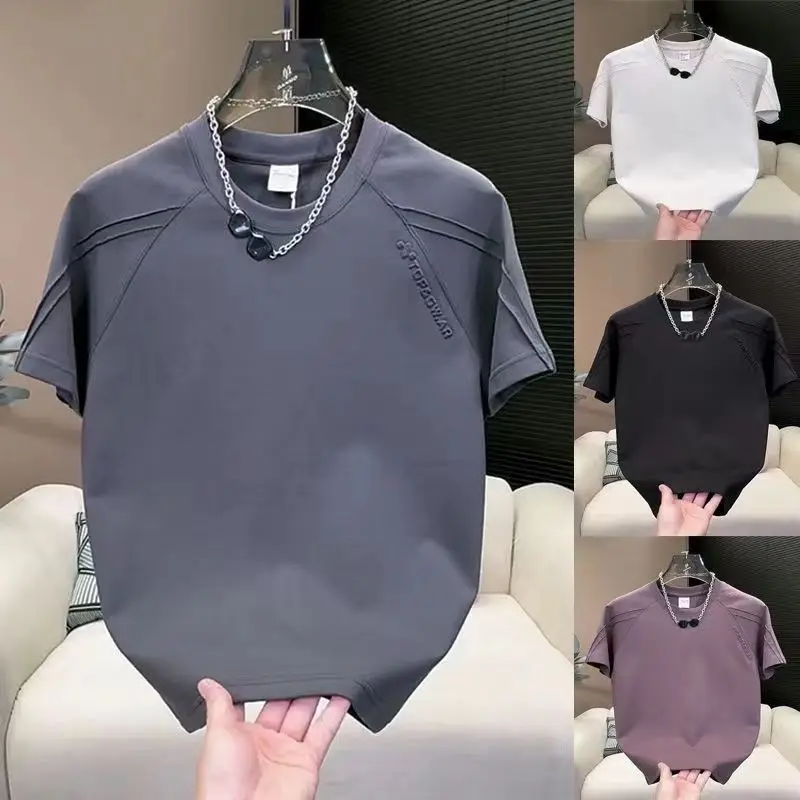 

2025 summer new men's trend round neck short-sleeved T-shirt splicing versatile top