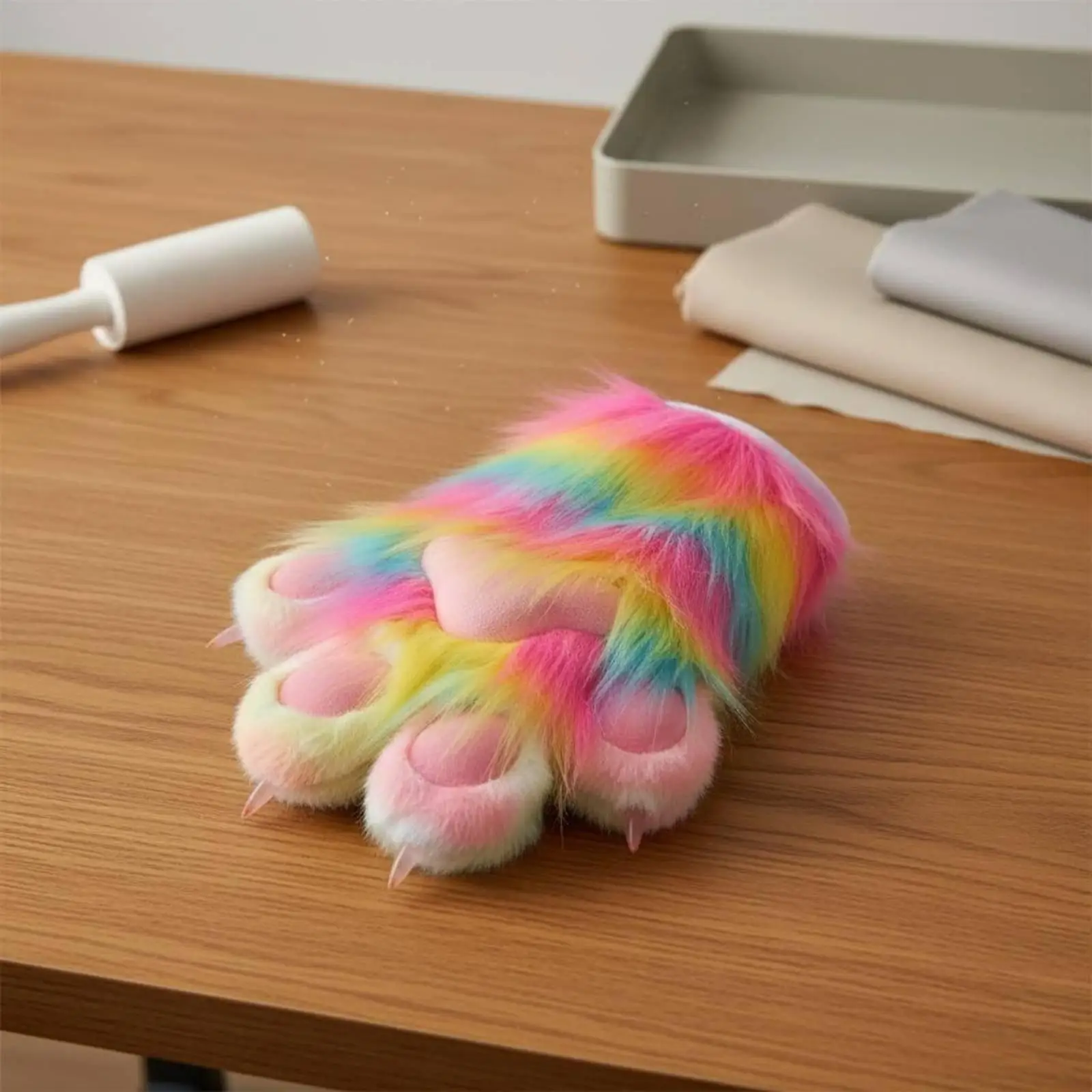 Rainbow Fursuit Paw Mitten Gloves for Cosplay Costume Accessory with Soft Faux Fur Claw Design for Animal Themed Photo Shoots