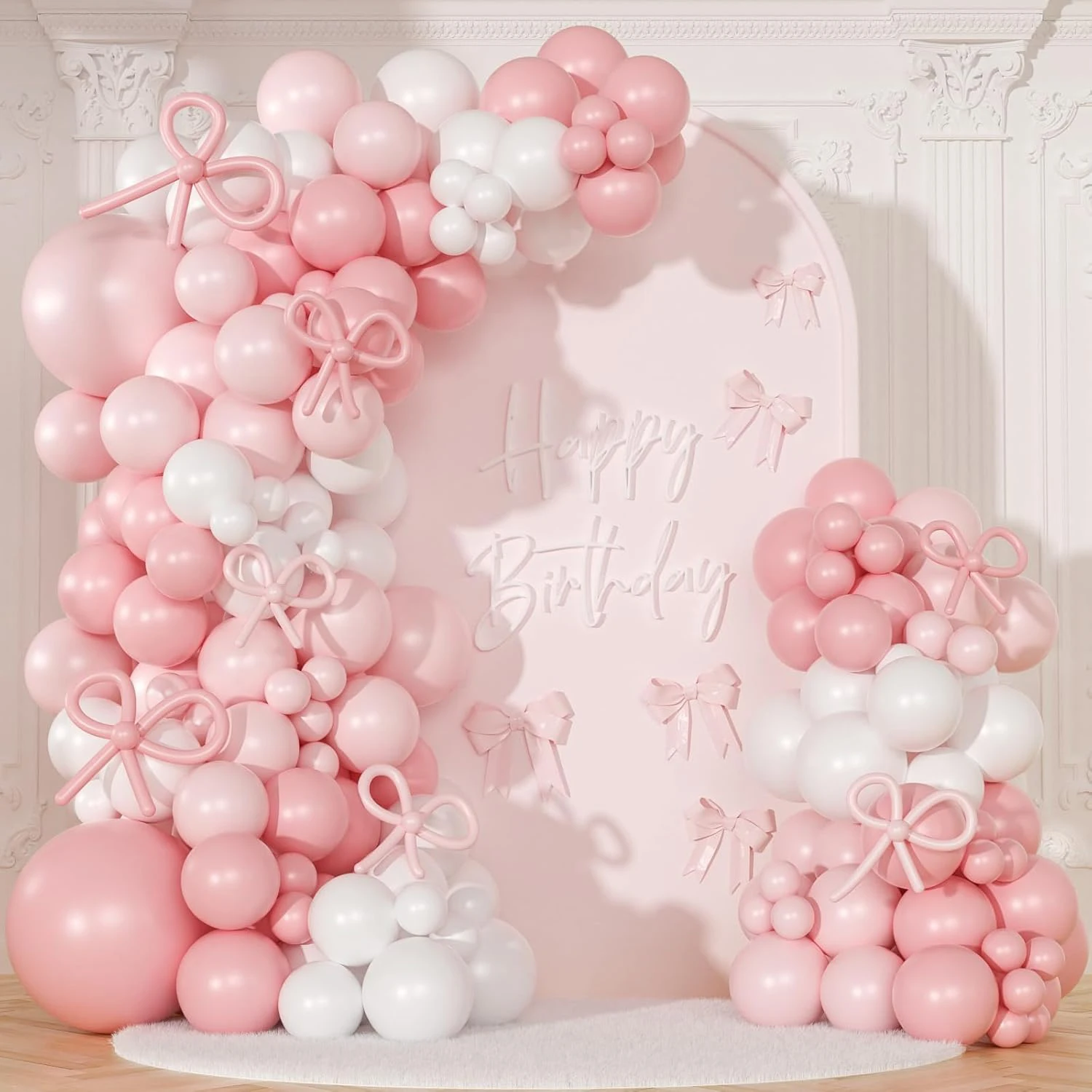 145-teiliges Coquette Geburtstags-Dekorationsset: Rosa & Weiße Ballongirlande - Bogen-Kit in Verschiedenen Größen mit Hellrosa, Weiß & Schleifenballons