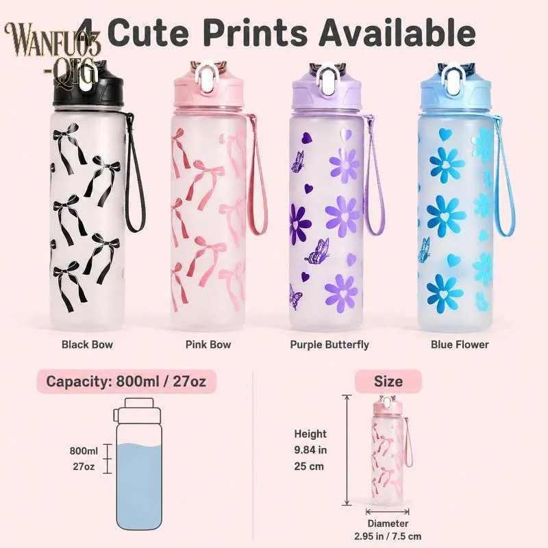 Hot Sale Cute Bowknot Pattern 800ML Matte PC Water Bottle Leakproof Spring Loaded Lid With Straw Carry Handle