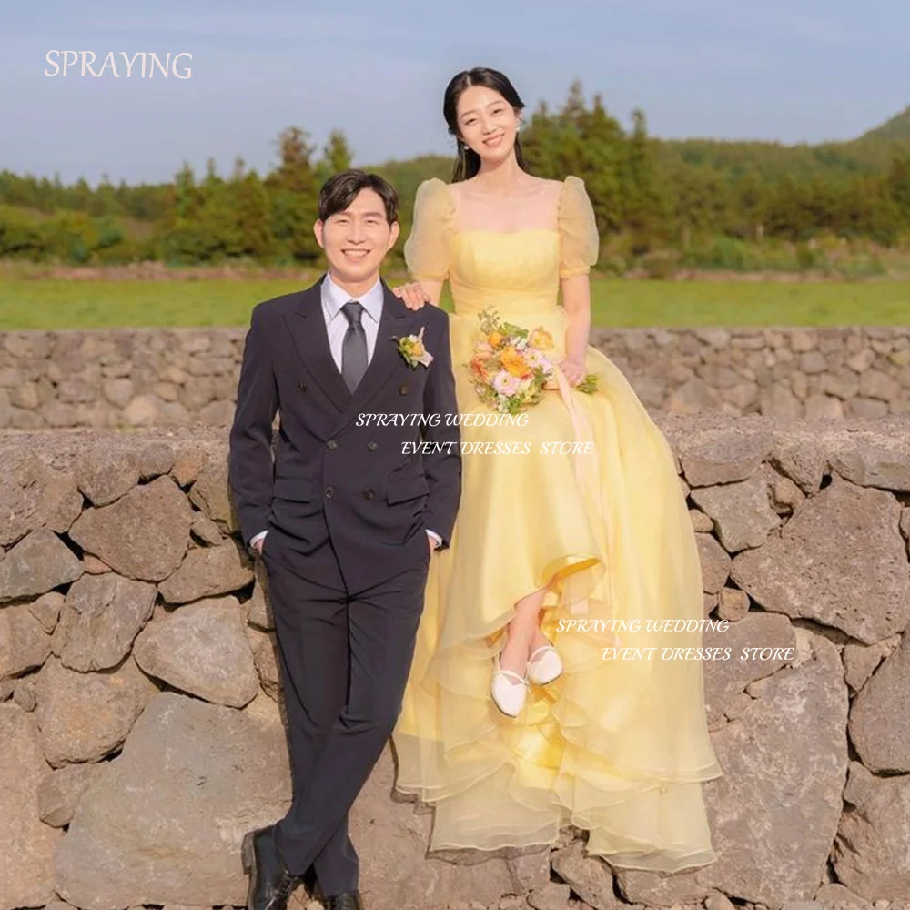 

SPRAYING 웨딩 촬영 드레스 Square Collar Short Sleeves Wedding Shooting Dress Yellow A-line Draped Evening Party Dress Bridal Gown