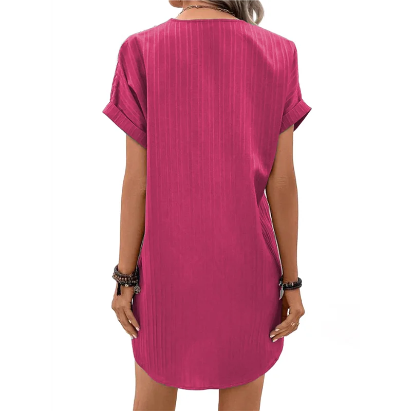 【SEE】Summer Dresses For Women 2025 Casual Button V Neck Short Sleeve Tunics A Line Ribbed Mini T Shirt Dress