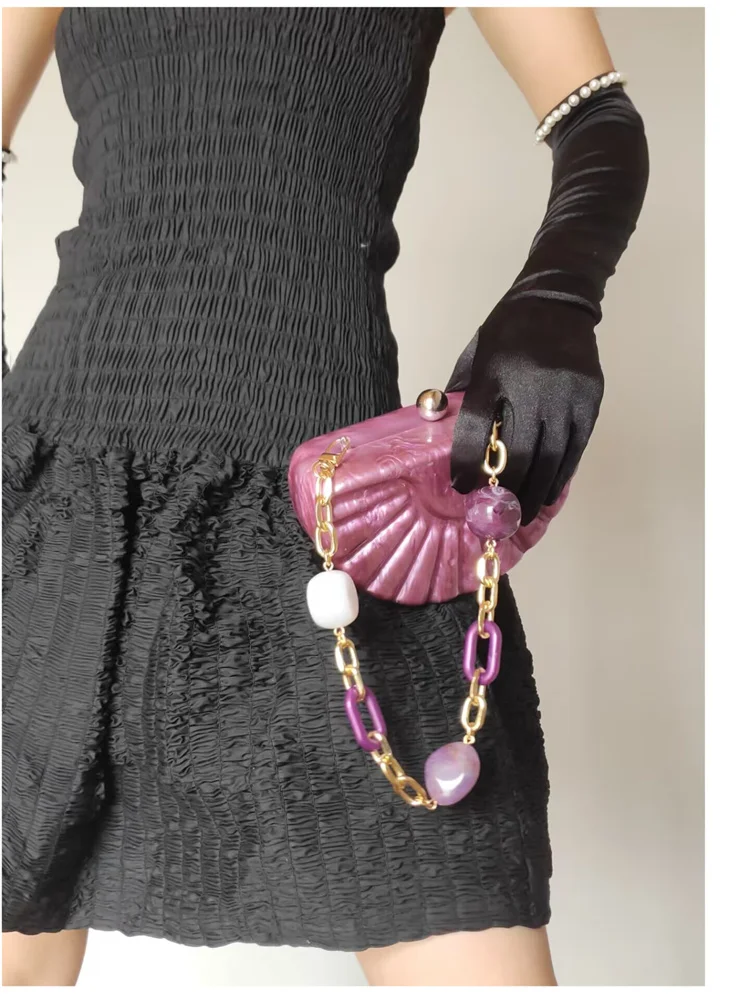 Luxury Women Pearl Purple Acrylic Evening Bag Handmade Vintage Shell Shape Party Bag wholesale