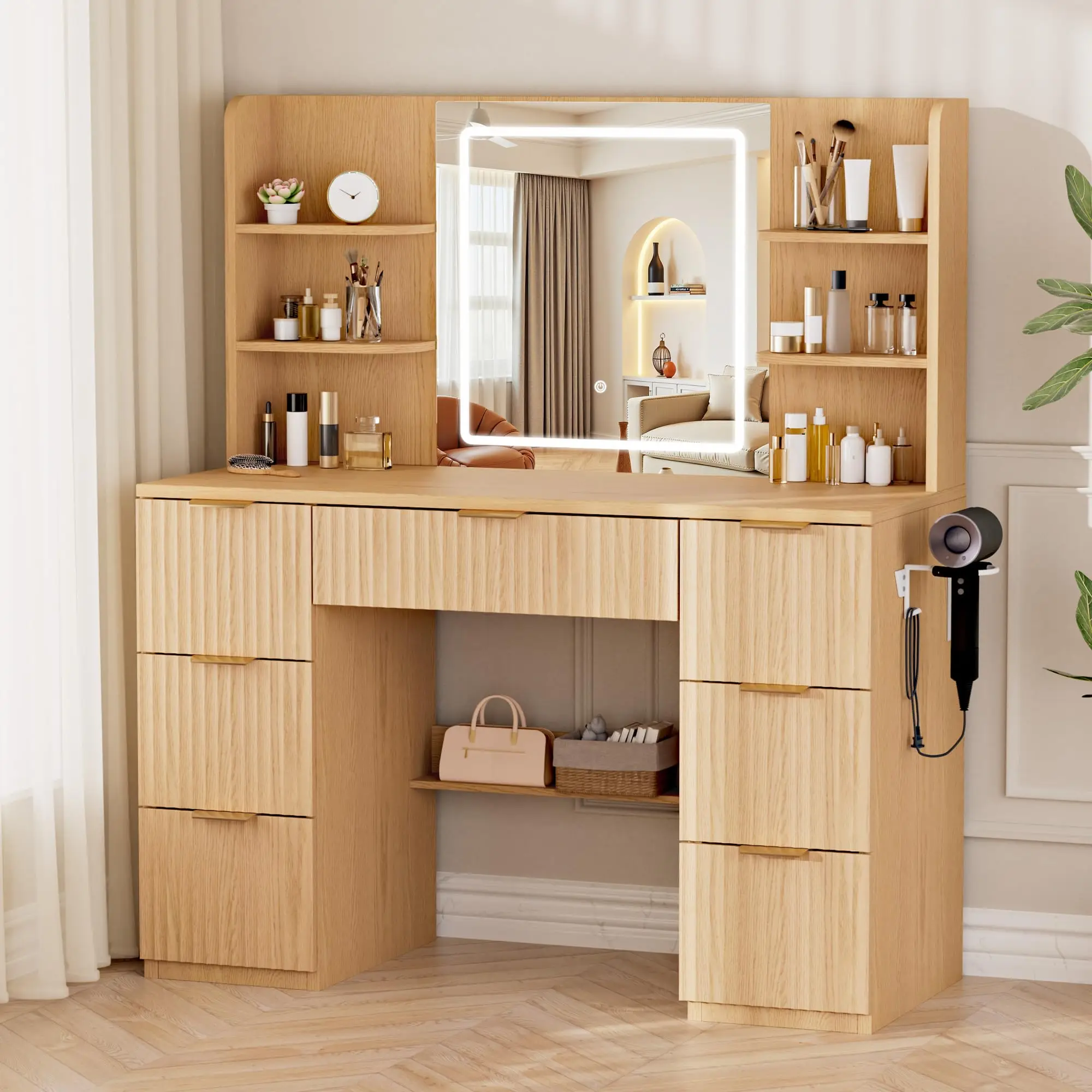 Large Makeup Vanity Desk, 43.3“W x 15.7”D x 53.2“H, Pink (Large Desktop, Samrt LED Mirror, 4 Open Shelves, 7 Drawers
