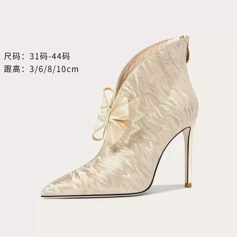 Autumn and Winter New Pointed Head Sequins Bowknot Bridal Wedding Shoes Party Dress Large Small Tall Heel Plush Women's Boots